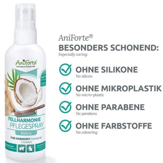 AniForte® Fellharmonie Pflegespray Kokos, 200 ml, für Hunde und Katzen; entwirrende, feuchtigkeitsspendende Fellpflege mit Kokosduft, ohne Silikone, Mikroplastik, Parabene, Farbstoffe.
