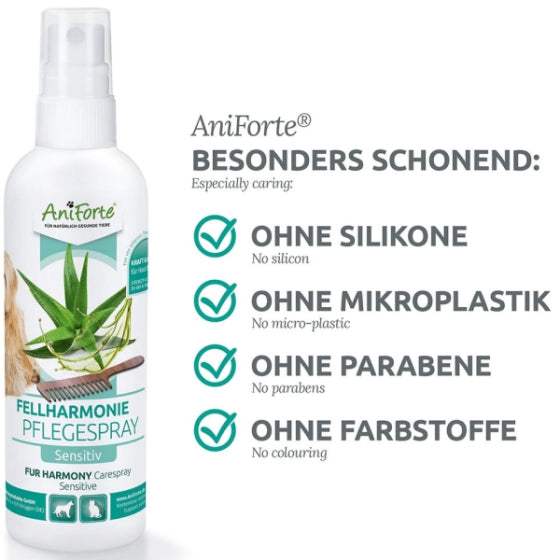 AniForte® Fellharmonie Pflegespray Sensitiv, 200 ml Flasche, Entfilzungsspray für Hunde und Katzen, natürliche Inhaltsstoffe, silikonfrei, ohne Mikroplastik.