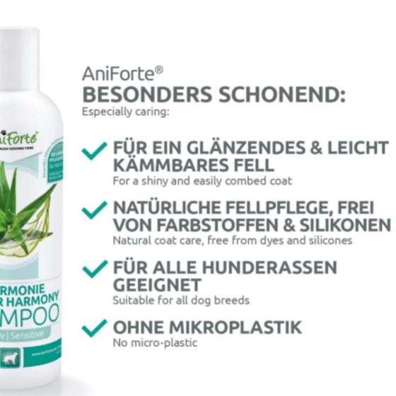 AniForte® Fellharmonie Shampoo Sensitiv, 200 ml Flasche für sanfte Fellpflege bei Hunden, parfümfrei und frei von Silikonen.
