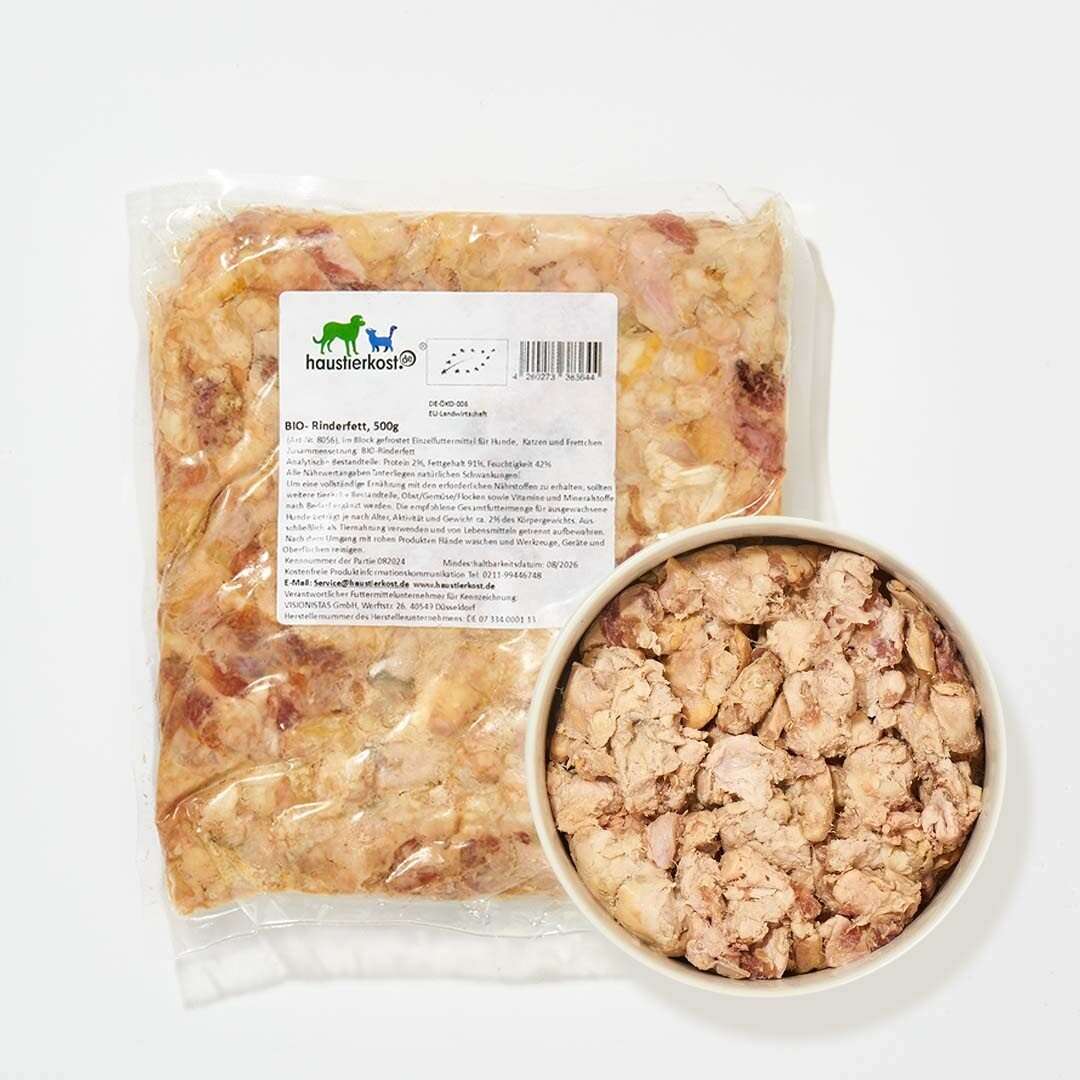 BIO Rinderfett stückig DE-ÖKO-007, 500 g Packung mit Inhalt in Schale, geeignet für Hundeernährung.
