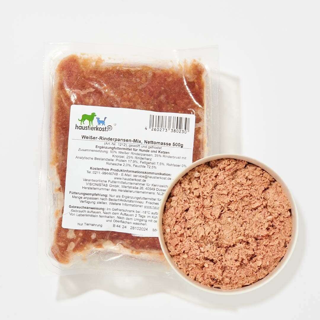 Weißer-Rinderpansen-Mix, 500g, verpackt, hochwertiges Hundefutter, leicht verdaulicher Pansen, Schlund- und Herzfleisch, proteinreich.