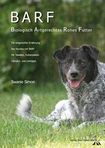 BARF Buchcover mit Hund auf Wiese, biologisch artgerechtes rohes Futter für Hunde.