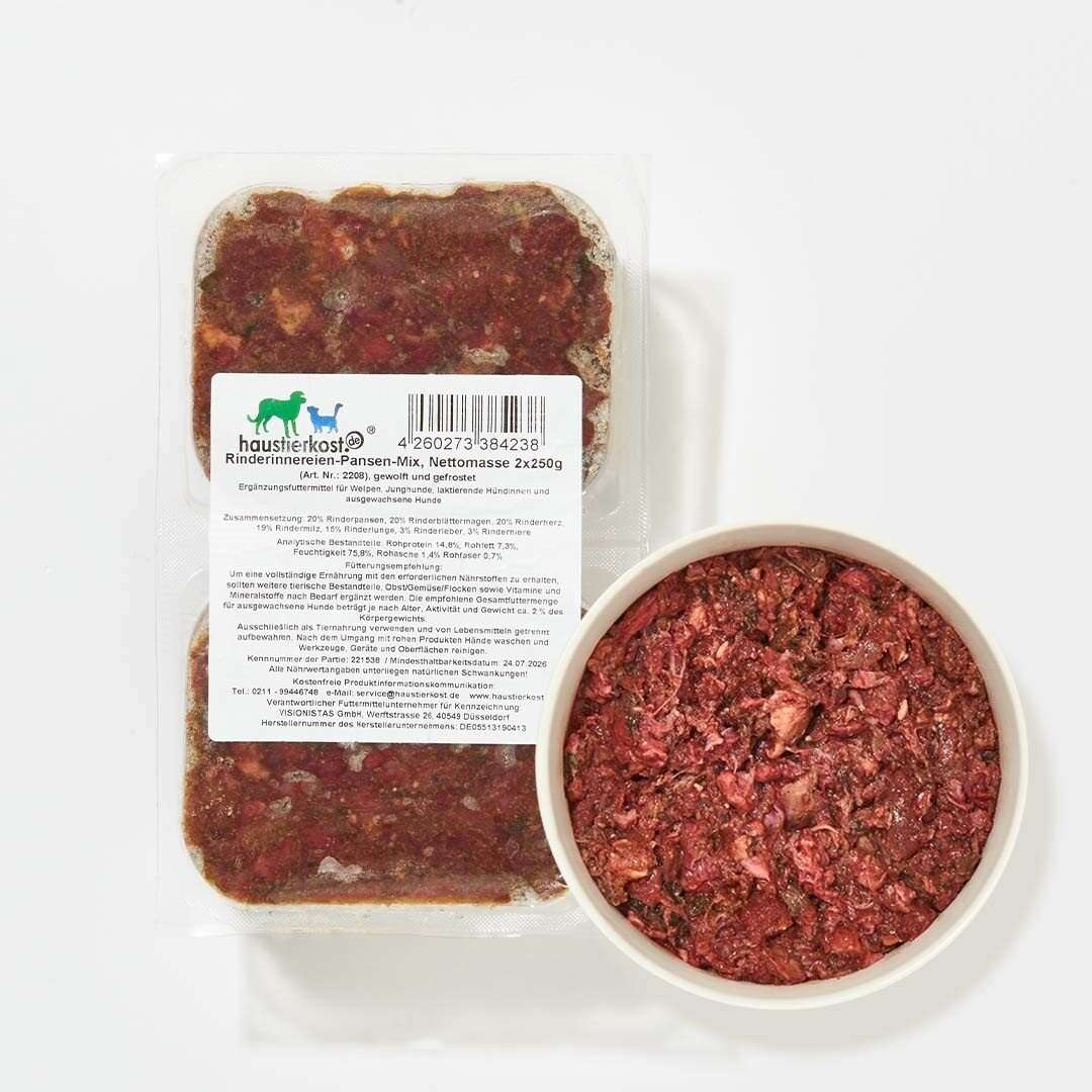 Rinderinnereien-Pansen-Mix, 500 g, in Verpackung und Schale, Hunde-Delikatesse.