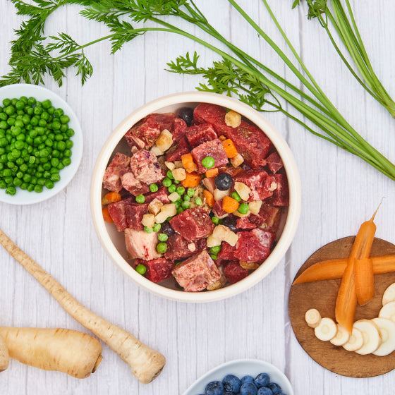 BARF Gourmet PLUS Pferd, komplettes BARF-Menü mit Fleisch, Innereien, Obst und Gemüse in einer Schüssel, geeignet für Hunde und Allergiker.