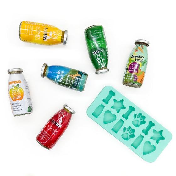 SmoothieDog® Probierpaket mit 6 Flaschen à 250 ml und einer Eiswürfelform für Hundeernährung.