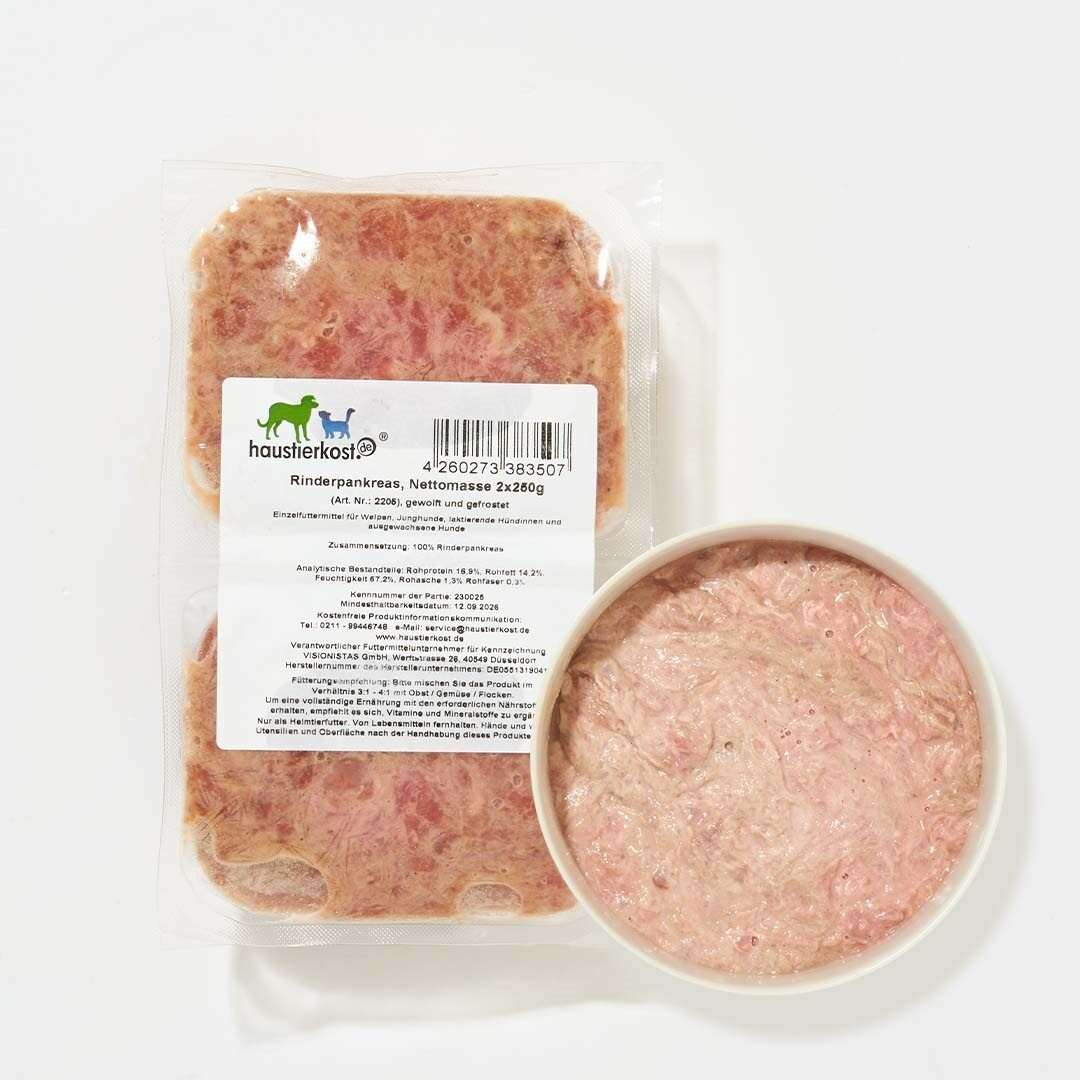 Rinderpankreas 500 g Packung in einer Schale dargestellt