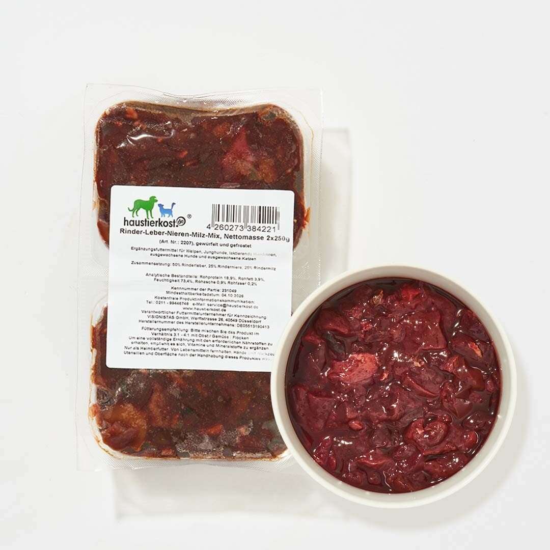 Rinder-Leber-Nieren-Milz-Mix gewürfelt, 500 g Packung und Schale.