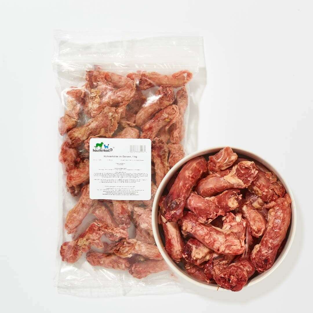Hühnerhälse im Ganzen, 1 kg Packung, geeignet für Hunde und Katzen.