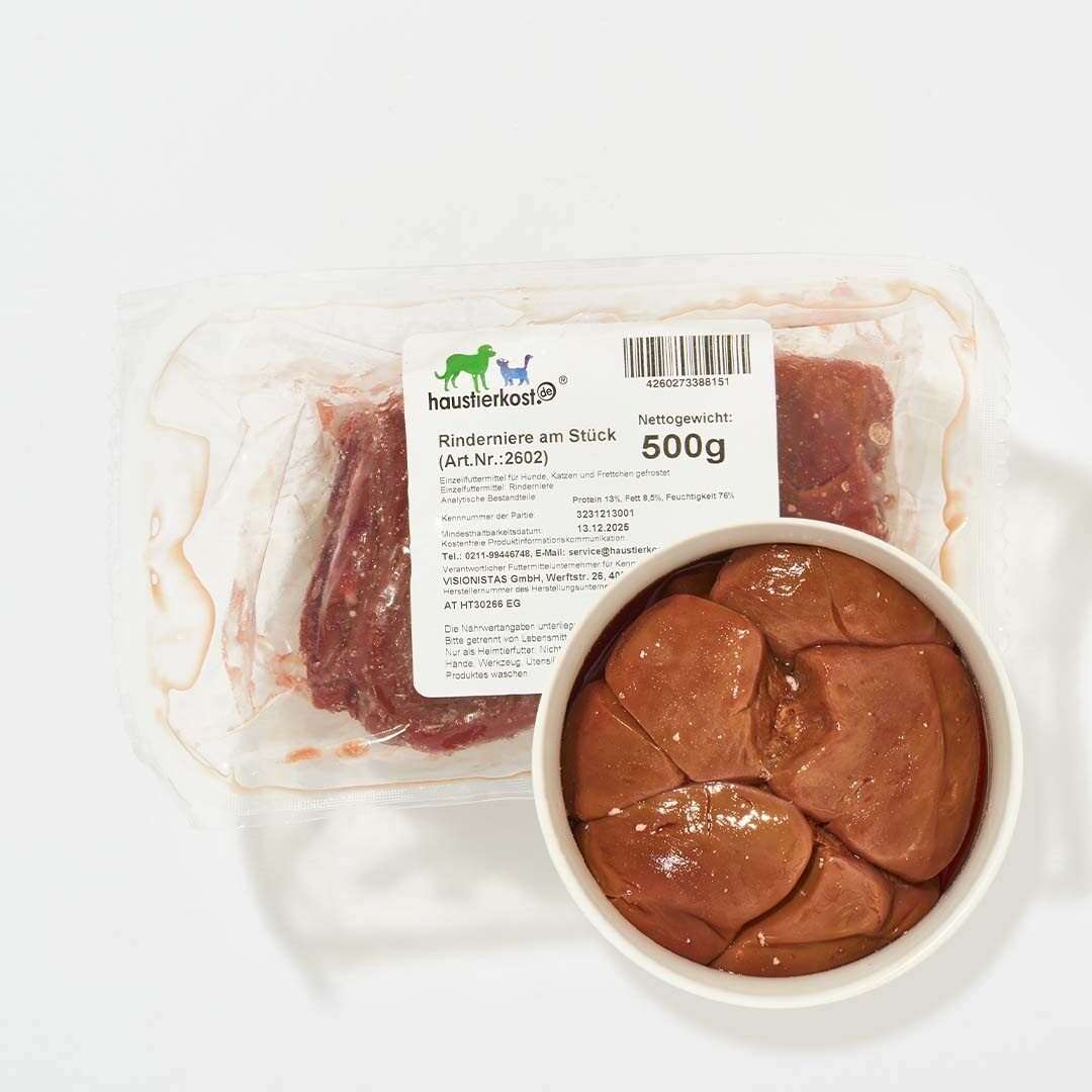 Rinderniere am Stück, verpackt, 500 g, geeignet für Hunde und Katzen.