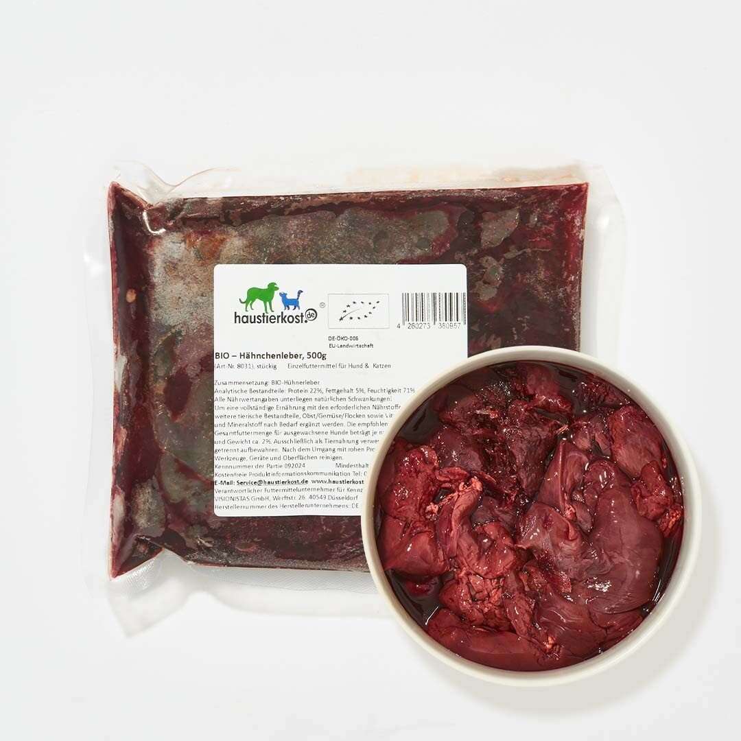 BIO Hähnchenleber DE-ÖKO-006, 500 g, reich an Vitaminen und Eisen, für Hunde und Katzen geeignet.