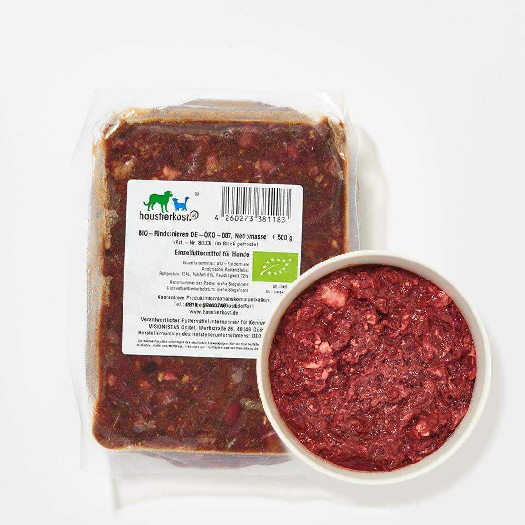 BIO-Rindernieren DE-ÖKO-007, 500 g, in Verpackung mit Schale, fettarm, eiweißreich, für Hunde und Katzen geeignet.