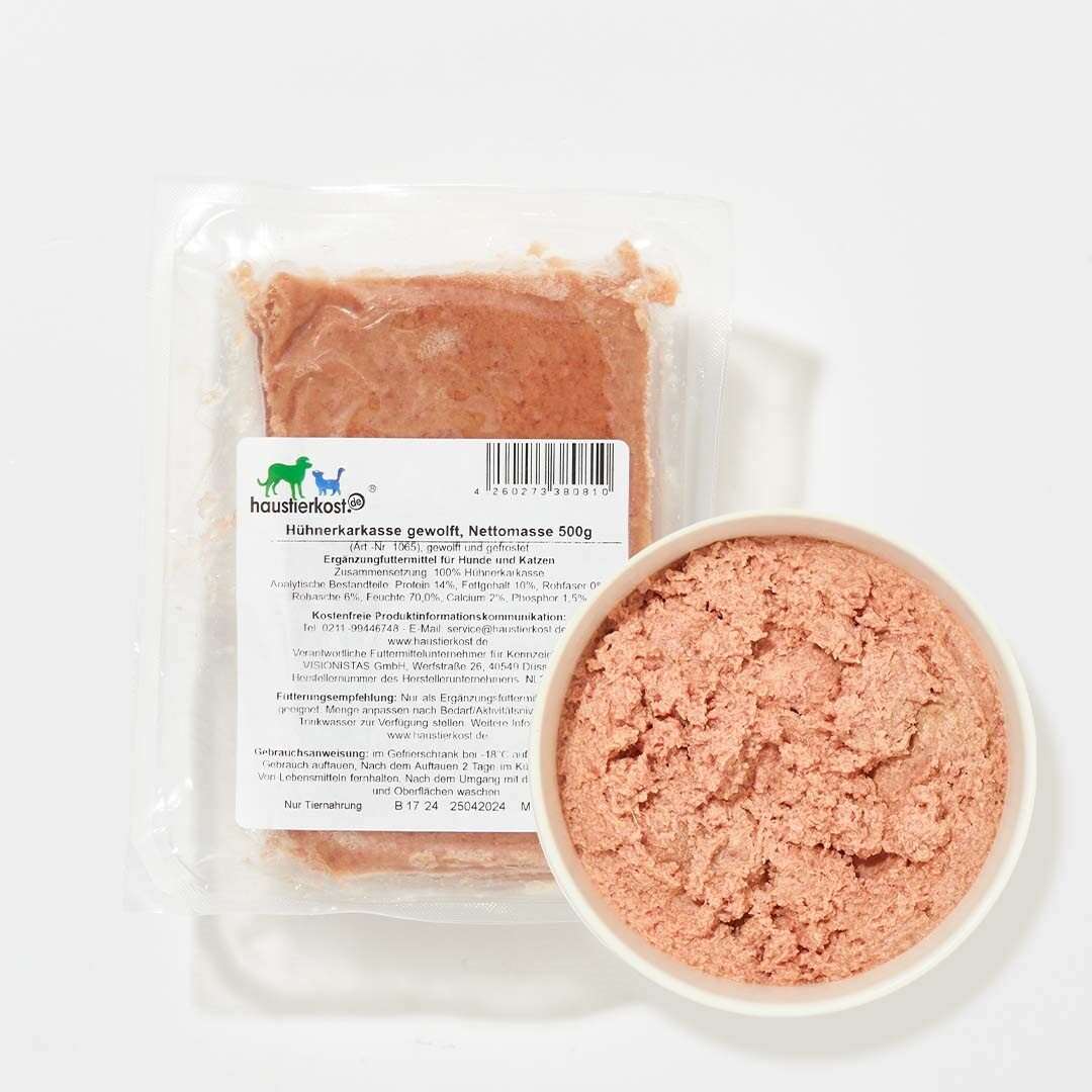 Hühnerkarkasse gewolft, natürlicher Calciumlieferant für Hunde, 500 g Packung und Schale