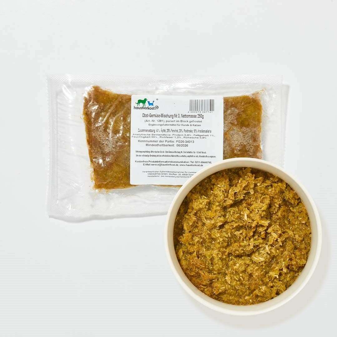 Obst-Gemüse-Mischung Nr. 3, 250 g Packung mit Apfel, Fenchel, Pastinake und Knollensellerie in Schale.
