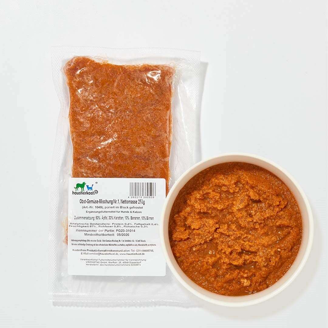 Obst-Gemüse-Mischung Nr. 1, 250 g Packung und Schale mit püriertem Inhalt, tiefgekühlt.