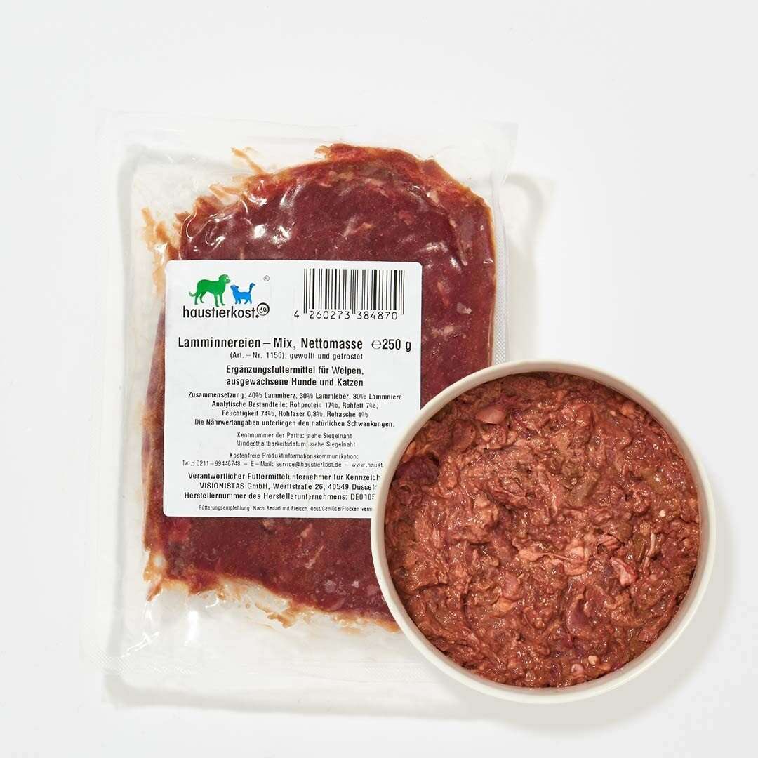 Lamminnereien-Mix 250 g, bestehend aus Lammherz, Lammnieren und Lammleber, als gewolftes Tiefkühlprodukt.