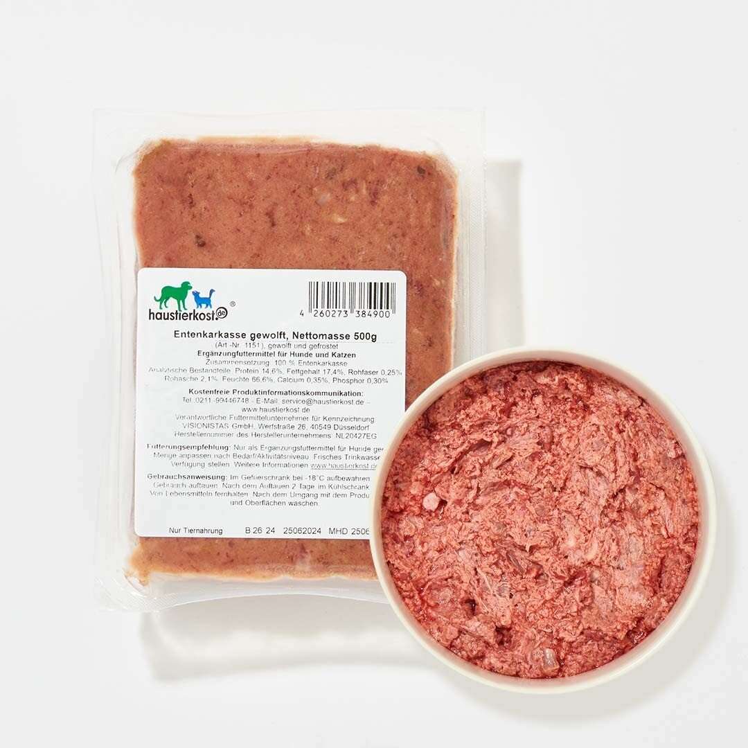 Entenkarkasse gewolft, 500 g, Tiefkühlware, natürlicher Calciumlieferant.