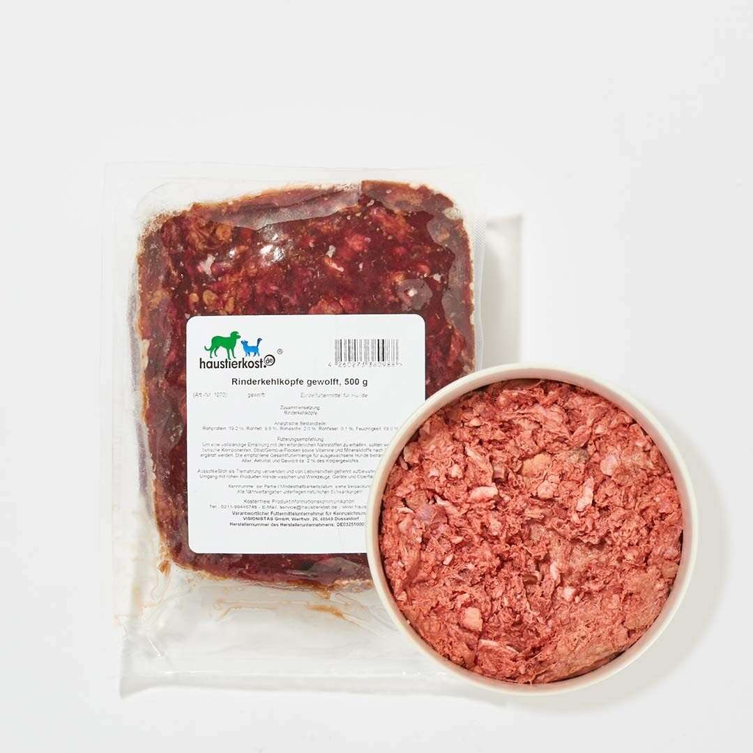 Rinderkehlköpfe gewolft, 500 g Packung, natürliche Calciumquelle für Hunde.