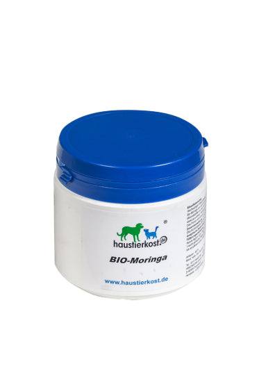 BIO Moringa DE-ÖKO-001, 200g container with blue lid, contains nutrient-rich organic Moringa powder.