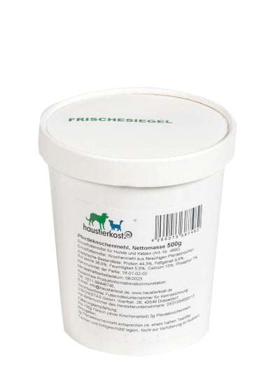 Pferdeknochenmehl, 500 g Behälter für Hundeernährung.