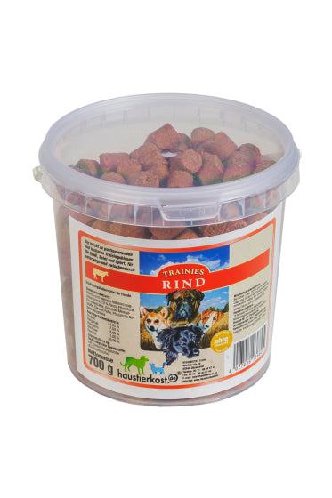 Trainingsleckerlis mit Rind, 700 g, in Plastikbehälter, glutenfrei, ohne künstliche Zusatzstoffe.