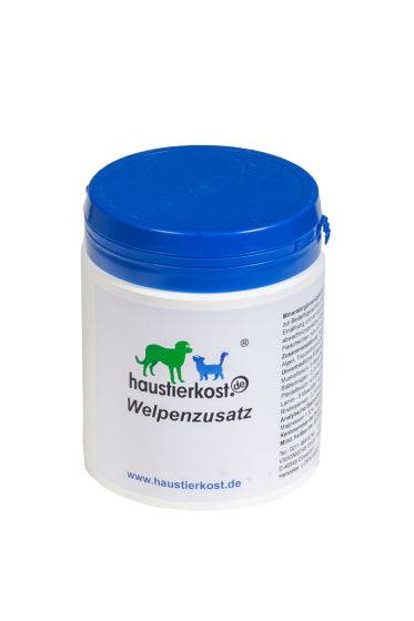 Welpenzusatz von haustierkost.de in weißer Dose mit blauem Deckel.