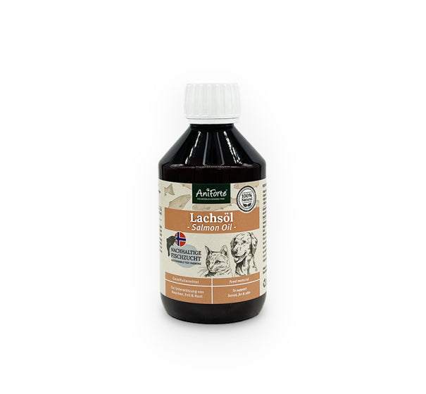 AniForte® Lachsöl für Hunde und Katzen, natürliche Nahrungsergänzung zur Unterstützung von Haut- und Fellgesundheit.