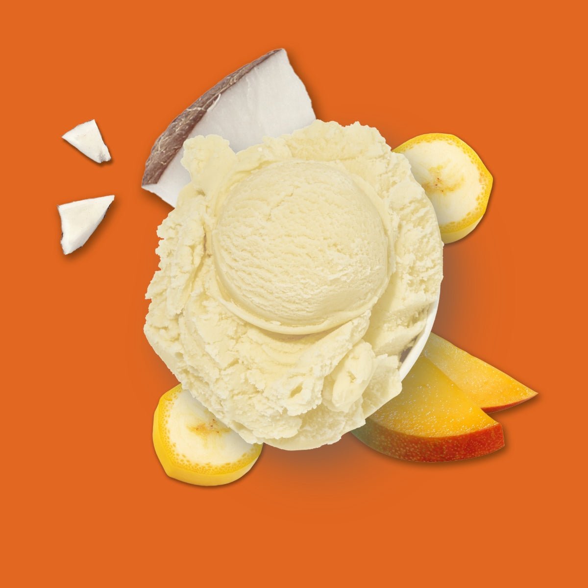 Veganes Nutriment HundeEis mit Banane, Kokos-Joghurt und Mango auf orangem Hintergrund