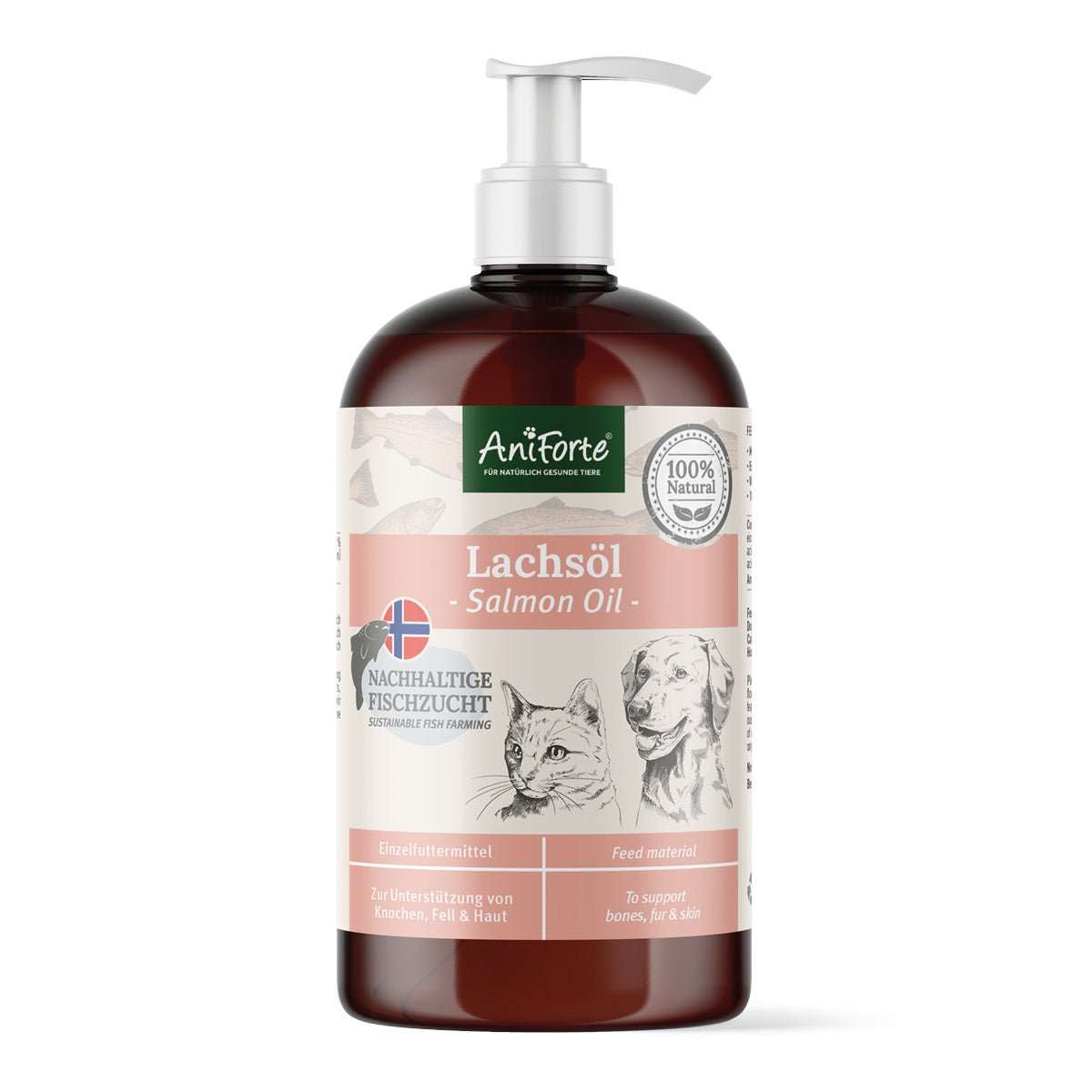 AniForte® Lachsöl Flasche für Hunde und Katzen, natürliche Nahrungsergänzung zur Unterstützung von Haut- und Fellgesundheit.