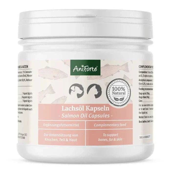 AniForte® Lachsöl Kapseln Dose, 200 Stück, reich an Omega-Fettsäuren zur Unterstützung von Haut, Fell und Knochen.