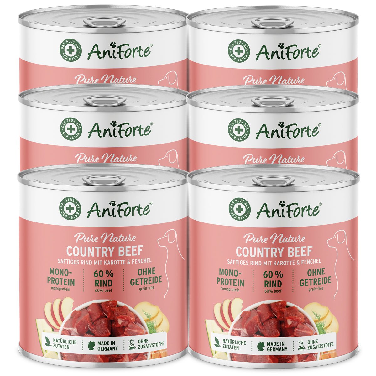 AniForte PureNature Nassfutter für Hunde mit 60% Rind, Karotte und Fenchel, getreidefrei, 6 Dosen á 800g, natürliche Zutaten, made in Germany.