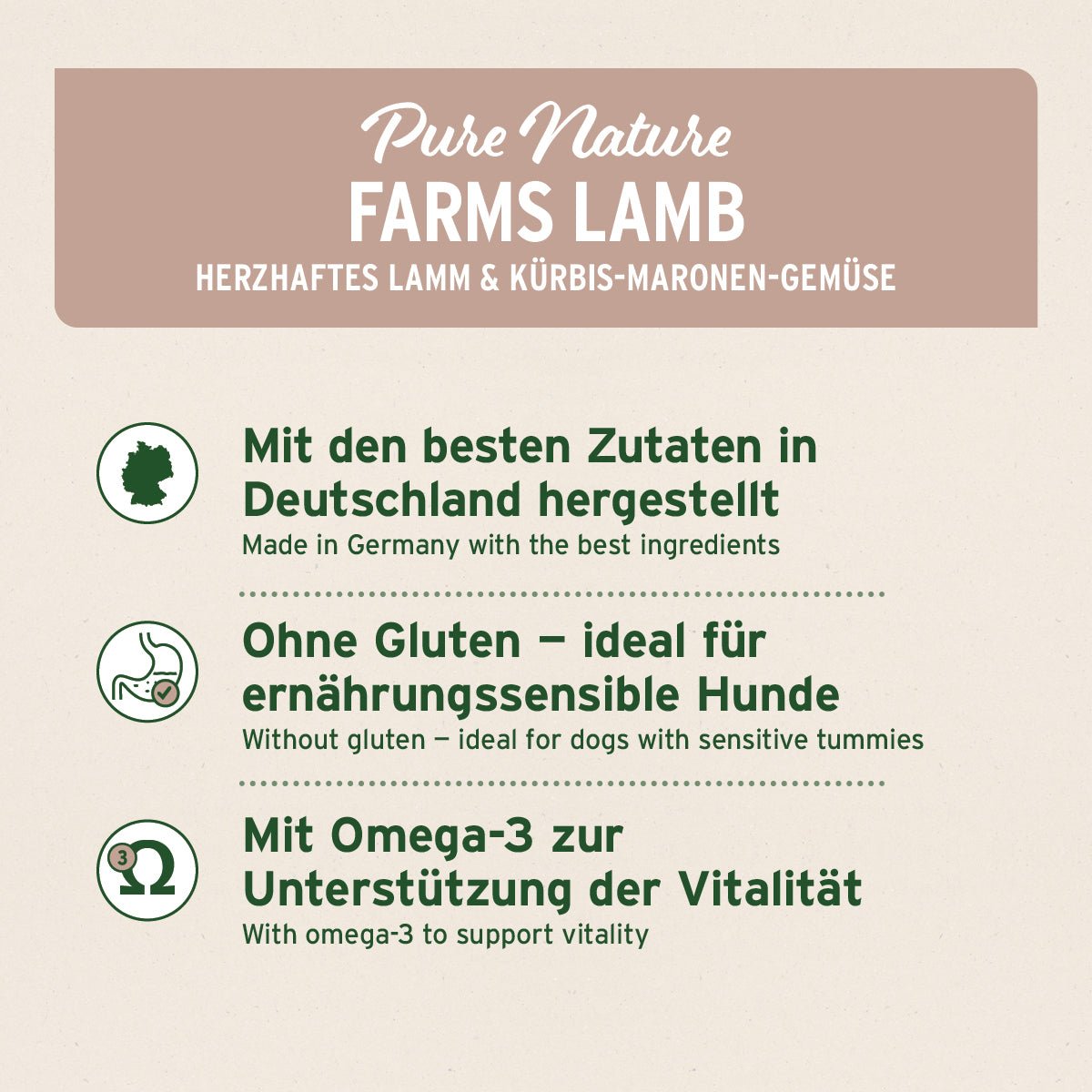 AniForte Nassfutter FarmsLamb mit herzhaftem Lamm und Kürbis, glutenfrei, hergestellt in Deutschland, mit Omega-3 zur Unterstützung der Vitalität für ernährungssensible Hunde.