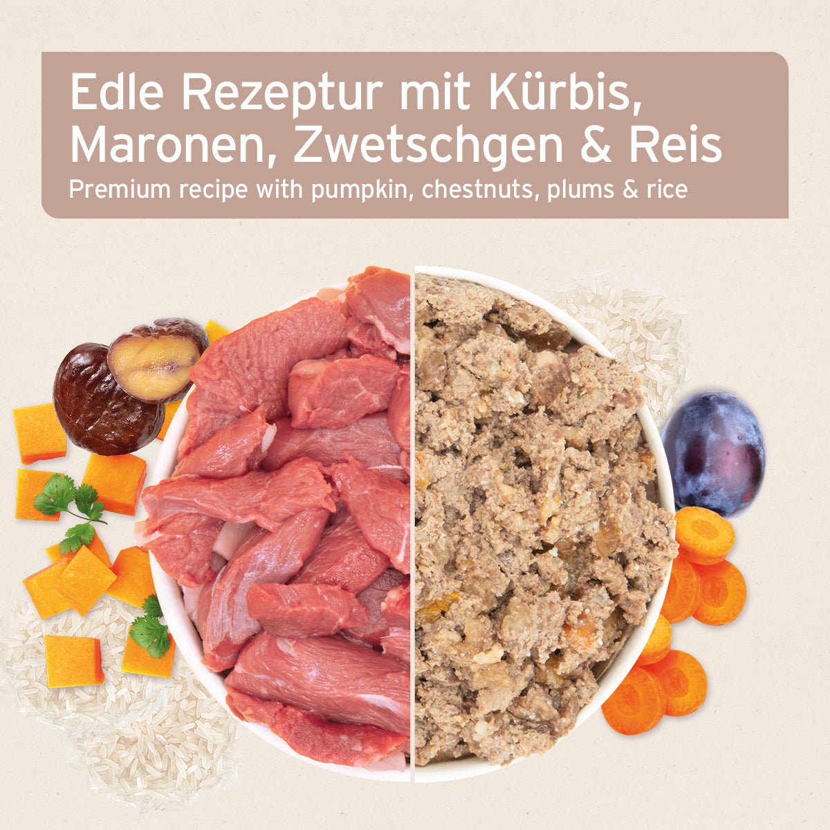 AniForte Nassfutter FarmsLamb für Hunde mit Lamm, Kürbis, Maronen, Zwetschgen und Reis, natürliche Zutaten, ausgewogene Ernährung, ohne künstliche Zusätze, in Deutschland hergestellt