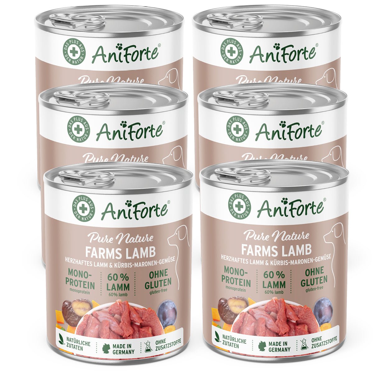 AniForte PureNature Nassfutter für Hunde mit 60% Lamm, Kürbis und Maronen-Gemüse, glutenfrei und ohne Zusatzstoffe, 6 Dosen, natürliche Zutaten, hergestellt in Deutschland.