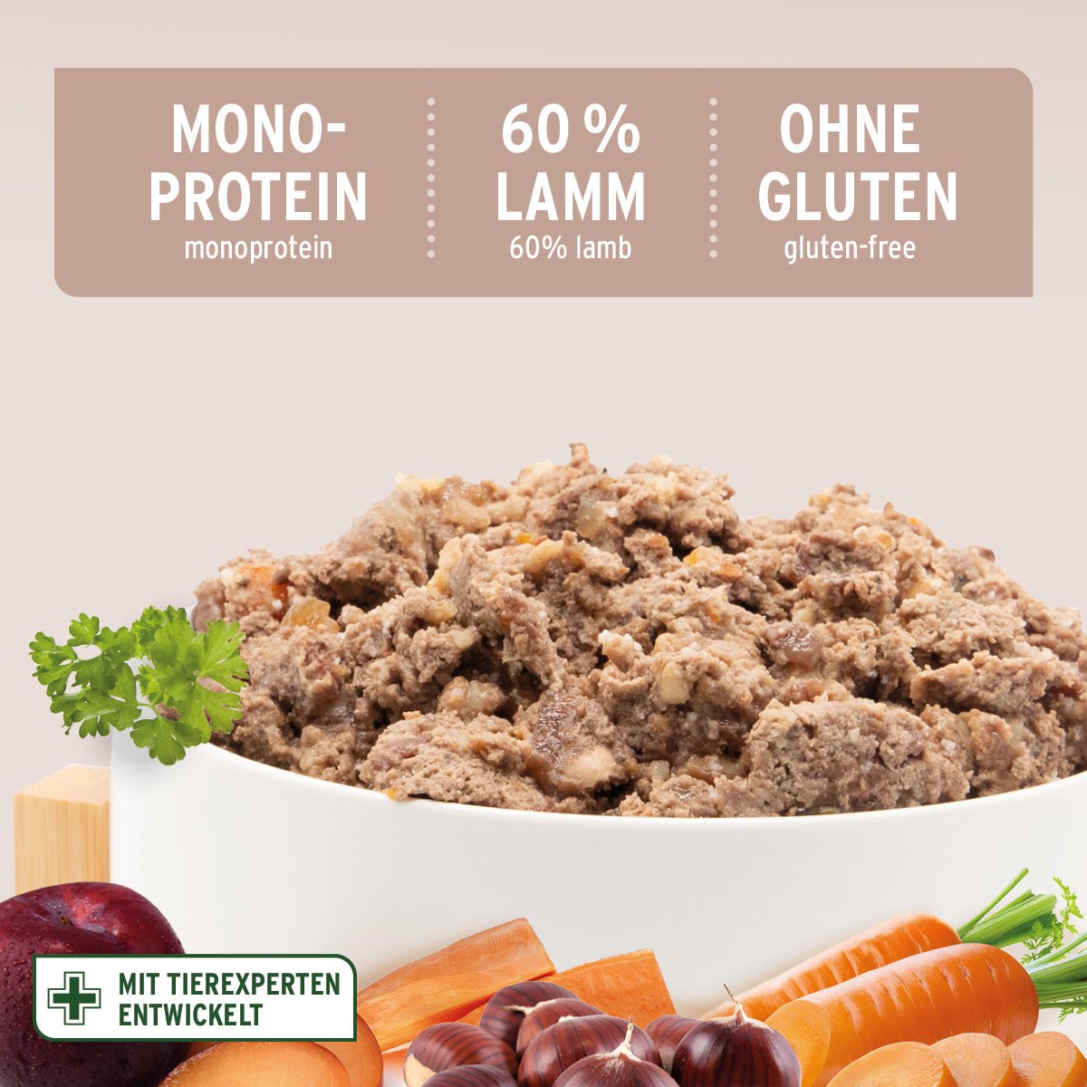 AniForte Nassfutter für Hunde mit 60% Lamm, glutenfrei und mono-protein, mit Kürbis und Gemüse, natürliche Zutaten, für alle Rassen und Altersstufen.