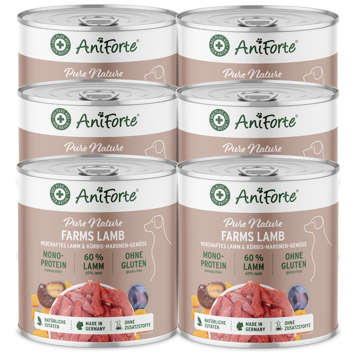AniForte PureNature Nassfutter für Hunde mit 60% Lamm, Kürbis und Maronen, glutenfrei, ohne Zusatzstoffe, natürlich, made in Germany.