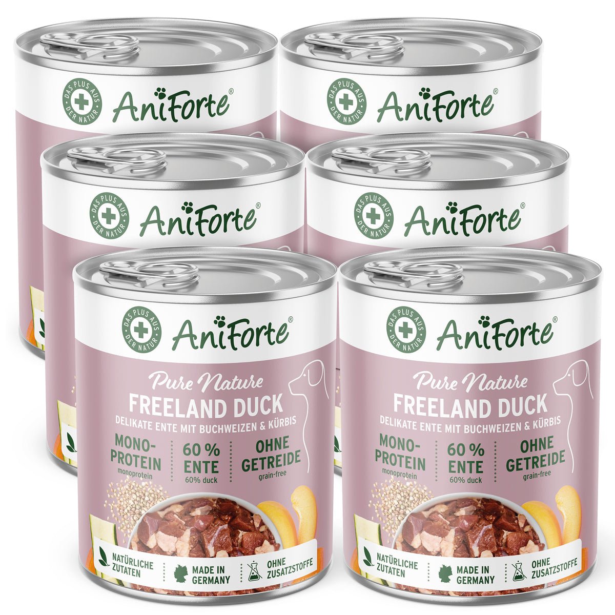 AniForte PureNature Nassfutter für Hunde mit Ente, Buchweizen und Kürbis, getreidefrei, natürliche Zutaten, made in Germany, 6 Dosen