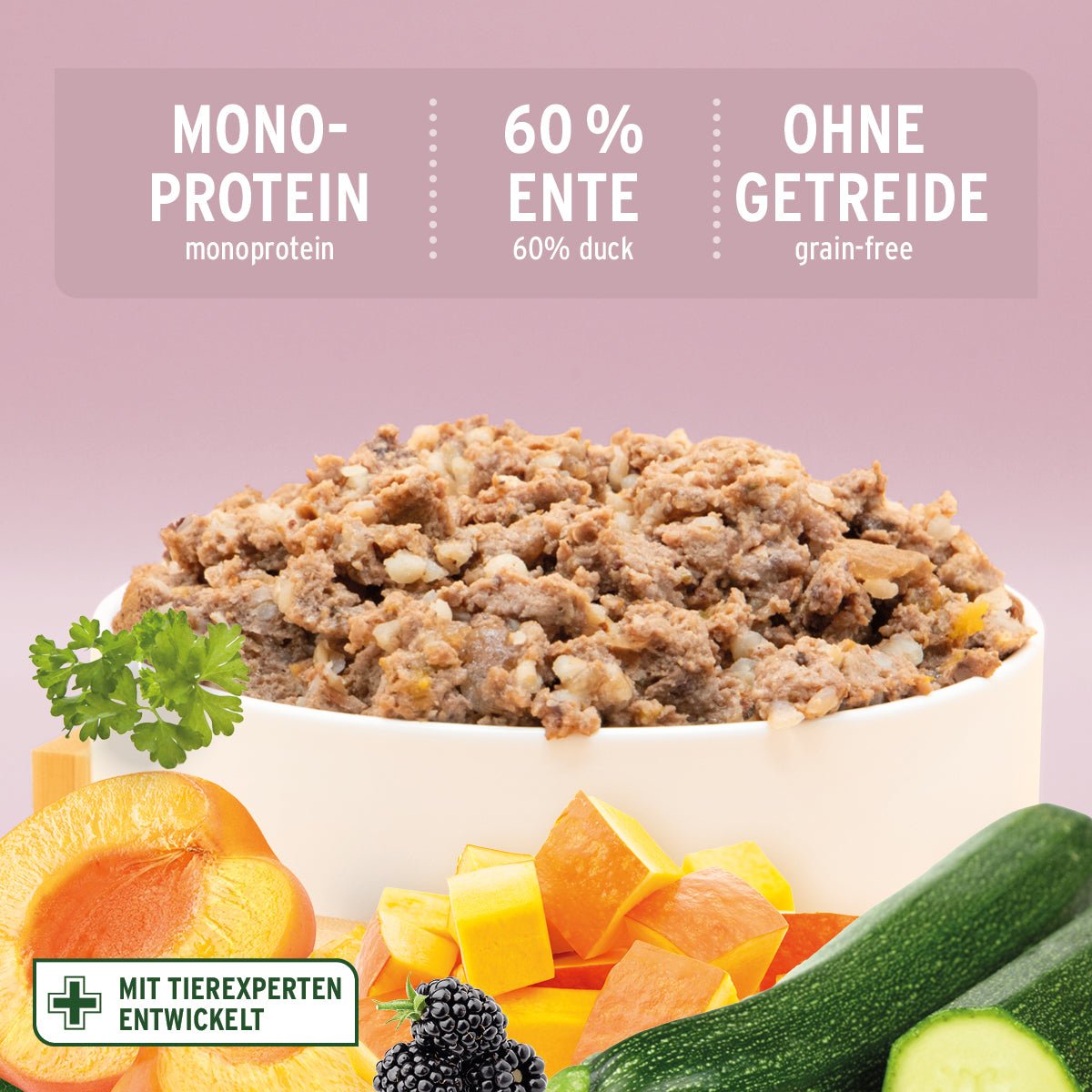 AniForte Nassfutter für Hunde mit 60% Ente, getreidefrei, Monoprotein, natürliche Zutaten, entwickeltes Hundefutter ohne Zusatzstoffe.