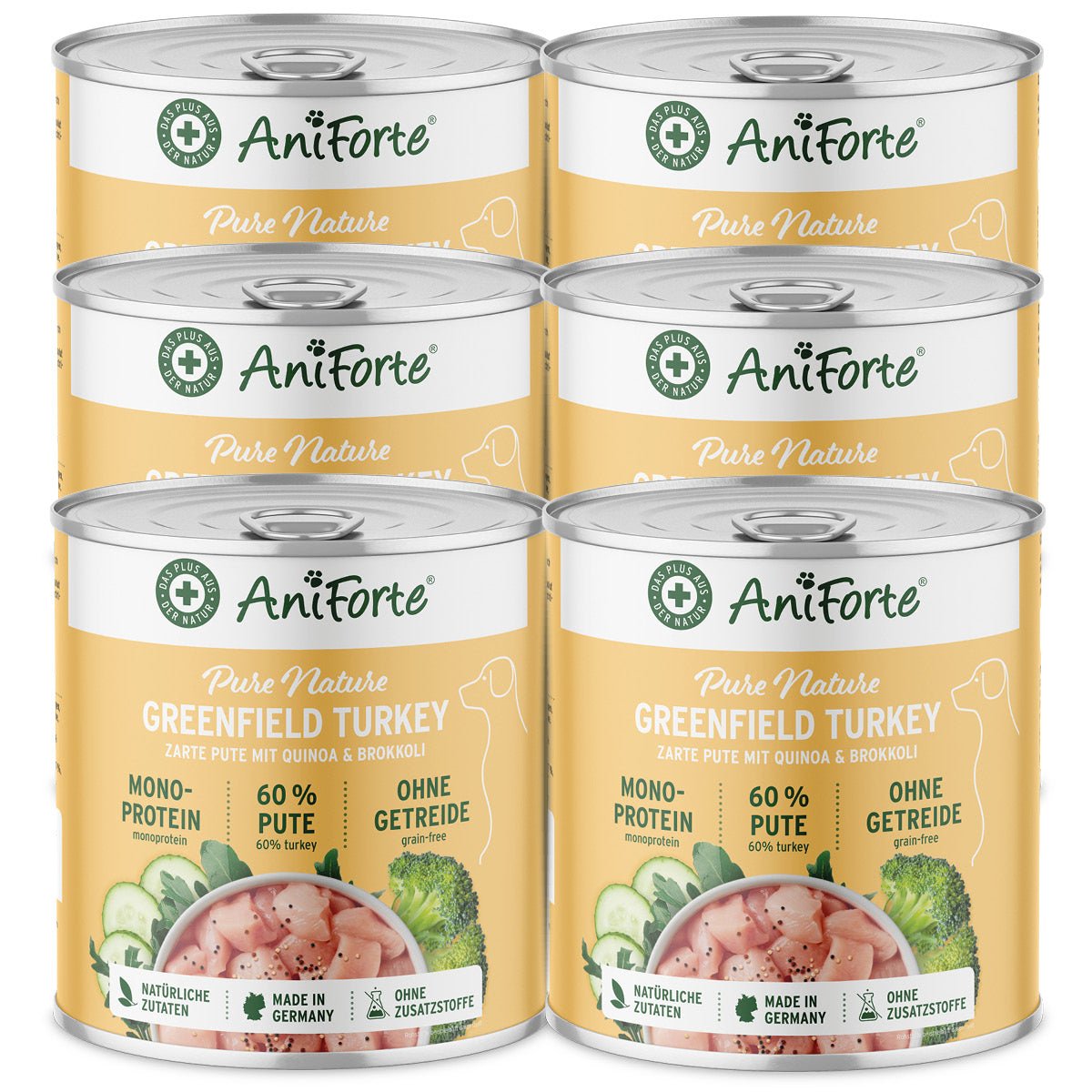 AniForte Nassfutter Greenfield Turkey mit 60% Pute, Quinoa und Brokkoli, getreidefrei, natürliche Zutaten, in Deutschland hergestellt.