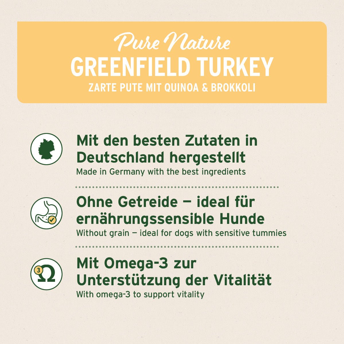 AniForte PureNature Nassfutter Greenfield Turkey mit Pute, Quinoa und Brokkoli, getreidefrei, Omega-3, in Deutschland hergestellt, für ernährungssensible Hunde.