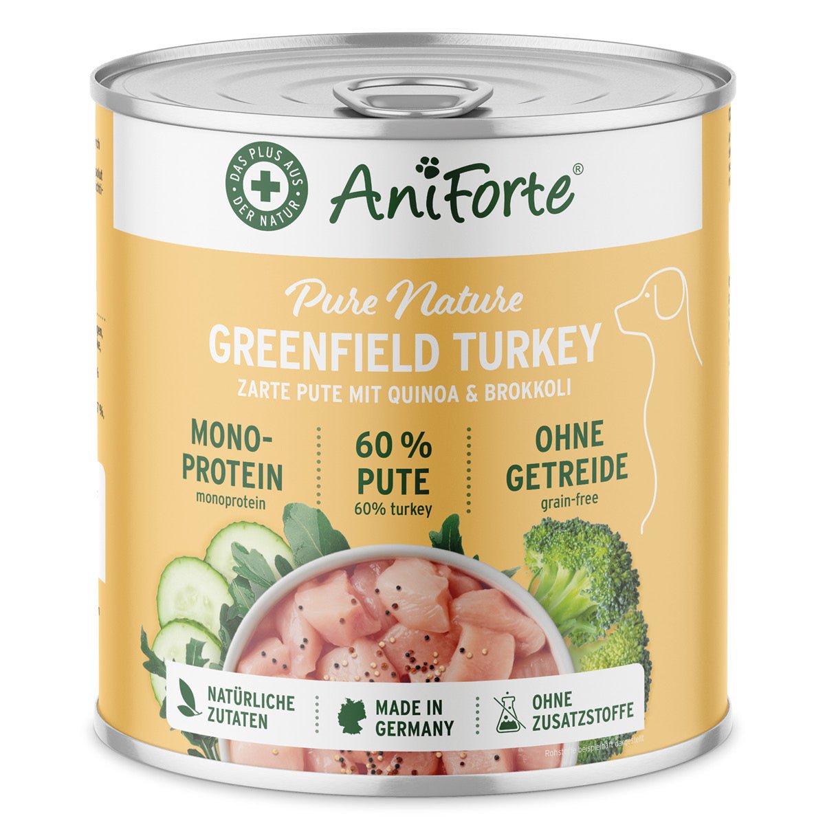 AniForte Nassfutter Greenfield Turkey mit 60% Pute, Quinoa und Brokkoli, getreidefrei, natürliche Zutaten, hergestellt in Deutschland, ohne Zusatzstoffe.