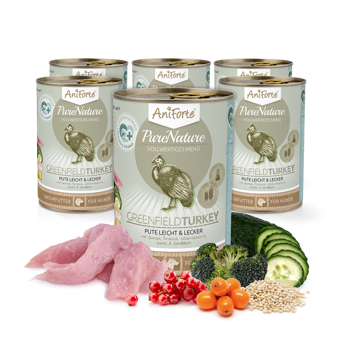 AniForte Nassfutter GreenfieldTurkey für Hunde mit Pute, Quinoa, Gemüse und Obst, natürliche Zutaten, ausgewogene Ernährung, ohne künstliche Zusatzstoffe.