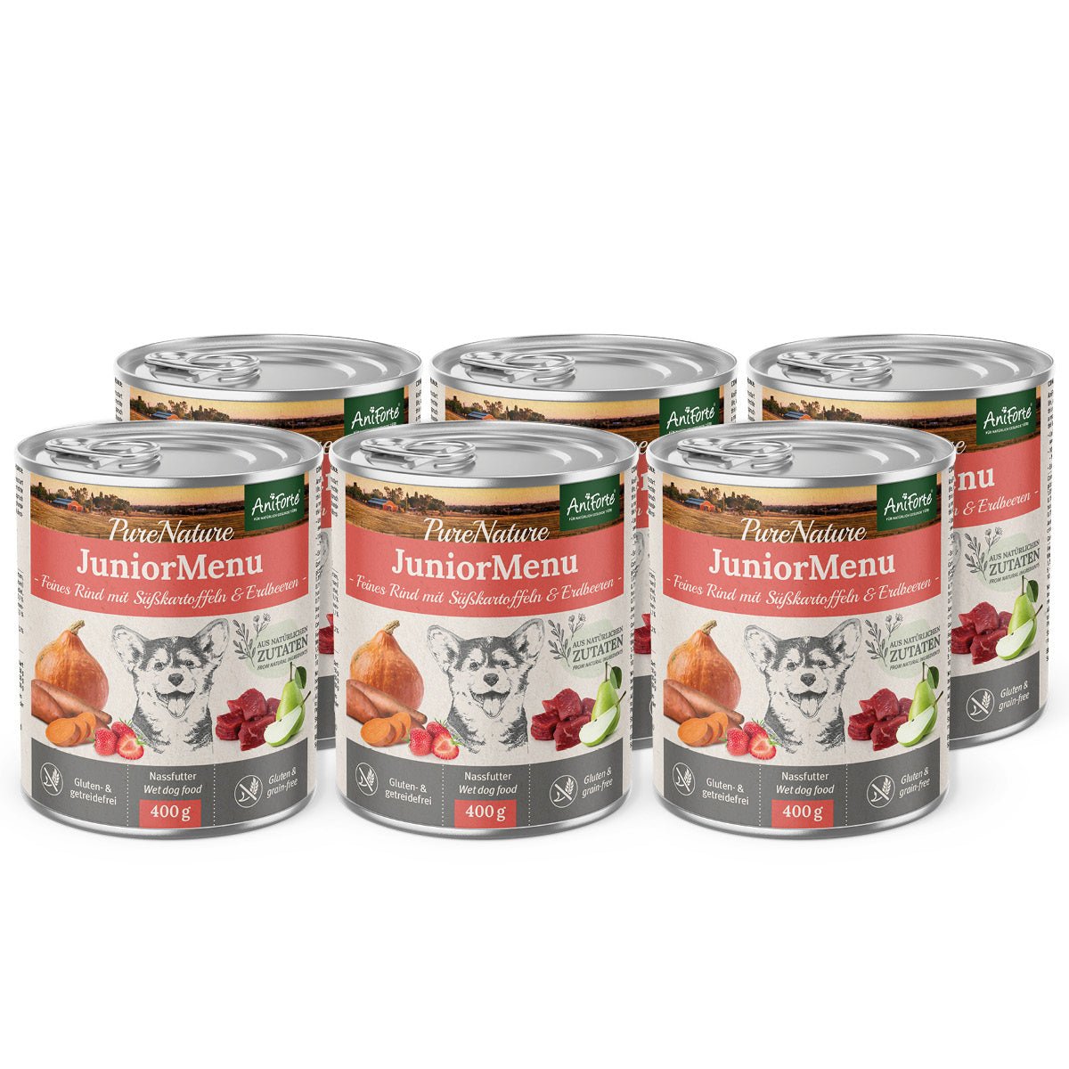 AniForte Nassfutter JuniorMenue Feines Rind mit Süßkartoffeln für Welpen, getreidefrei, 6 Dosen à 400g