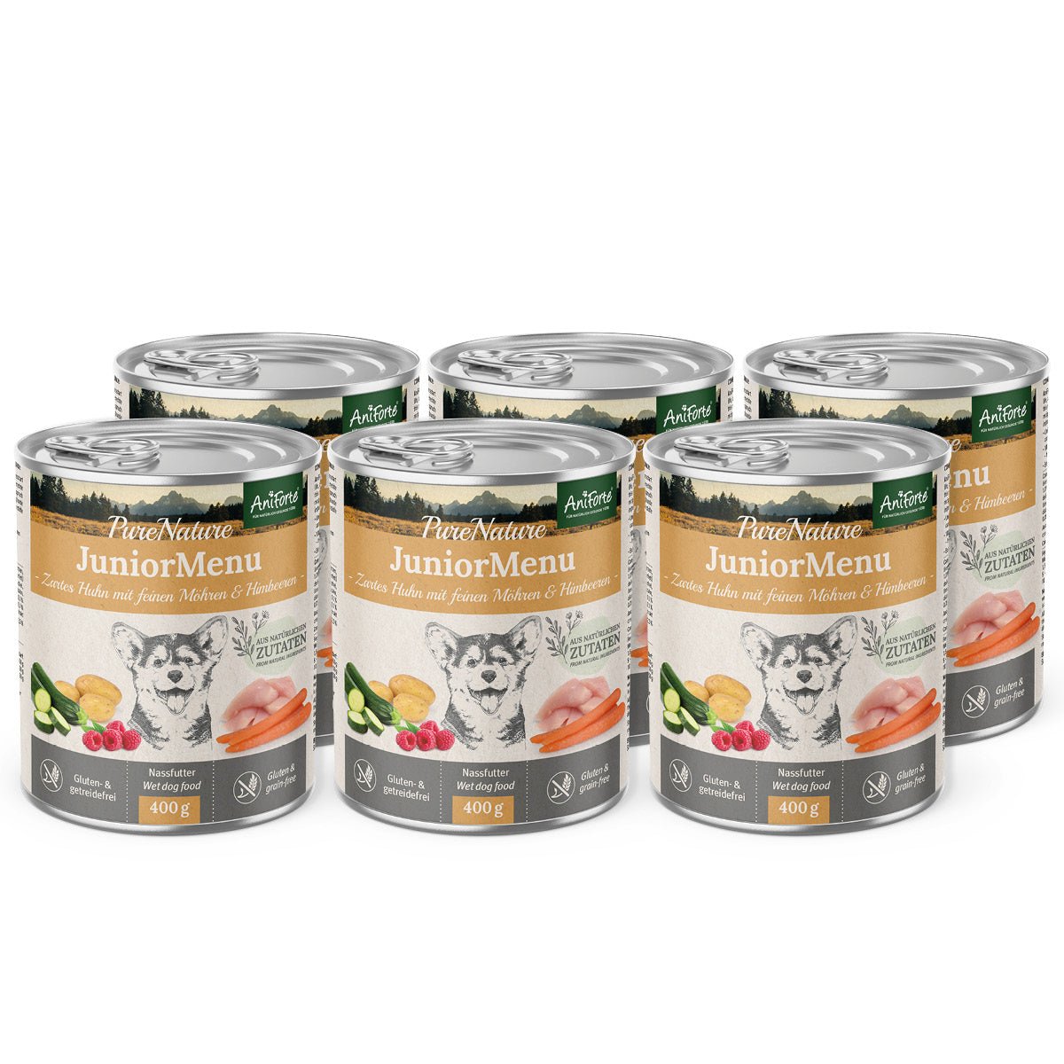 AniForte JuniorMenue Nassfutter mit zartem Huhn und Möhrchen, getreidefreies Hundefutter für Welpen, 400g Dosen, natürliche Zutaten, Omega-3 Unterstützung