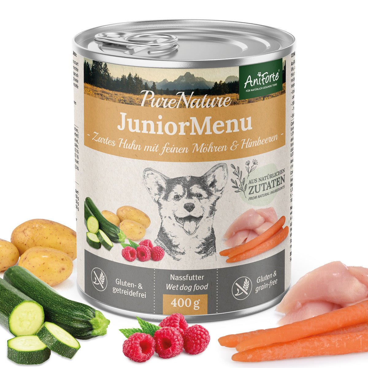 AniForte JuniorMenue Nassfutter mit zartem Huhn, Möhren und Himbeeren, glutenfrei, 400g Dose für Welpen und junge Hunde