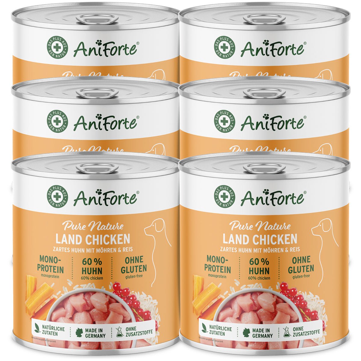AniForte PureNature Nassfutter LandChicken für Hunde mit 60% Huhn, Möhren und Reis, glutenfrei, ohne Zusatzstoffe, aus natürlichen Zutaten, made in Germany.