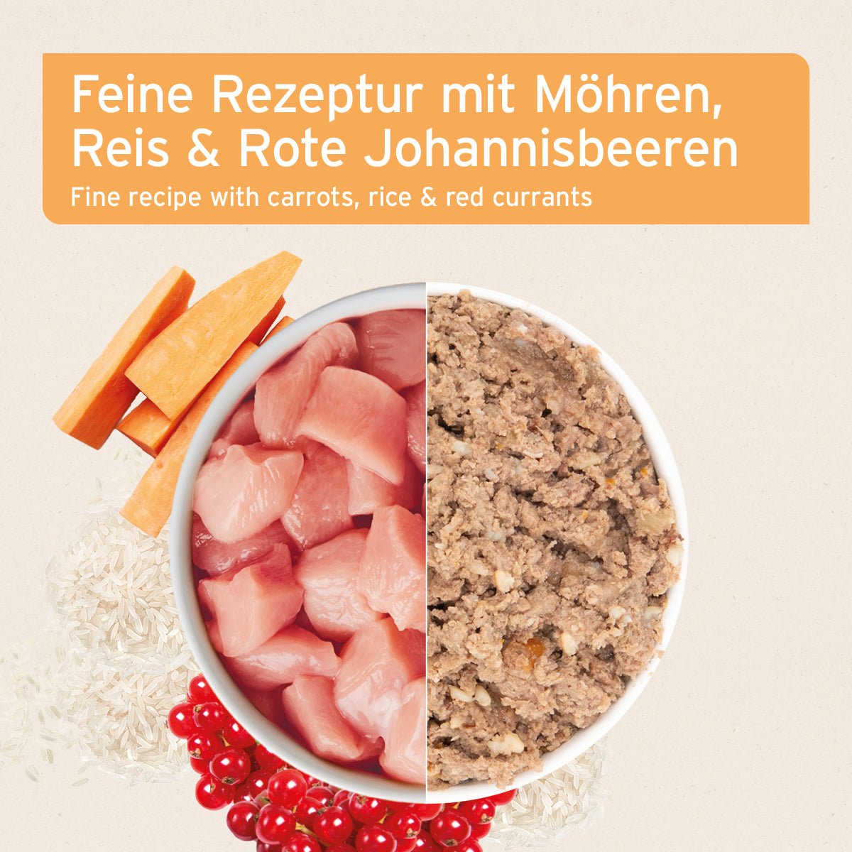 AniForte® Nassfutter LandChicken für Hunde mit Huhn, Möhren, Reis und roten Johannisbeeren, naturbelassen und ausgewogen.