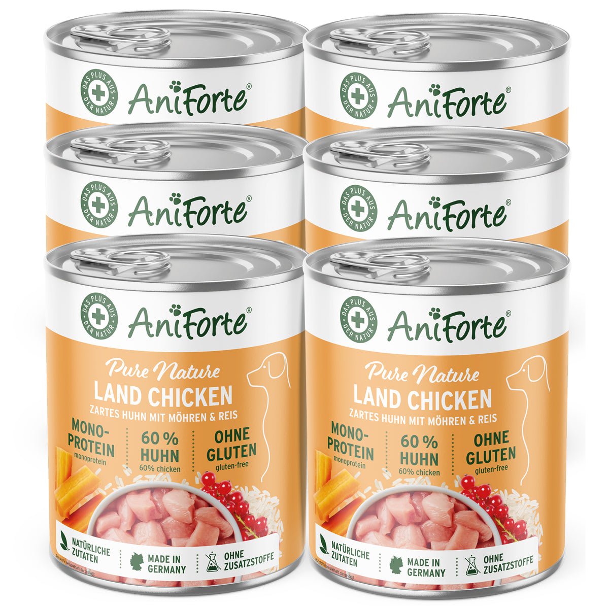 AniForte PureNature Nassfutter LandChicken mit 60% Huhn, Möhren, Reis, glutenfrei, natürliche Zutaten, Made in Germany, Hundefutter ohne Zusatzstoffe.
