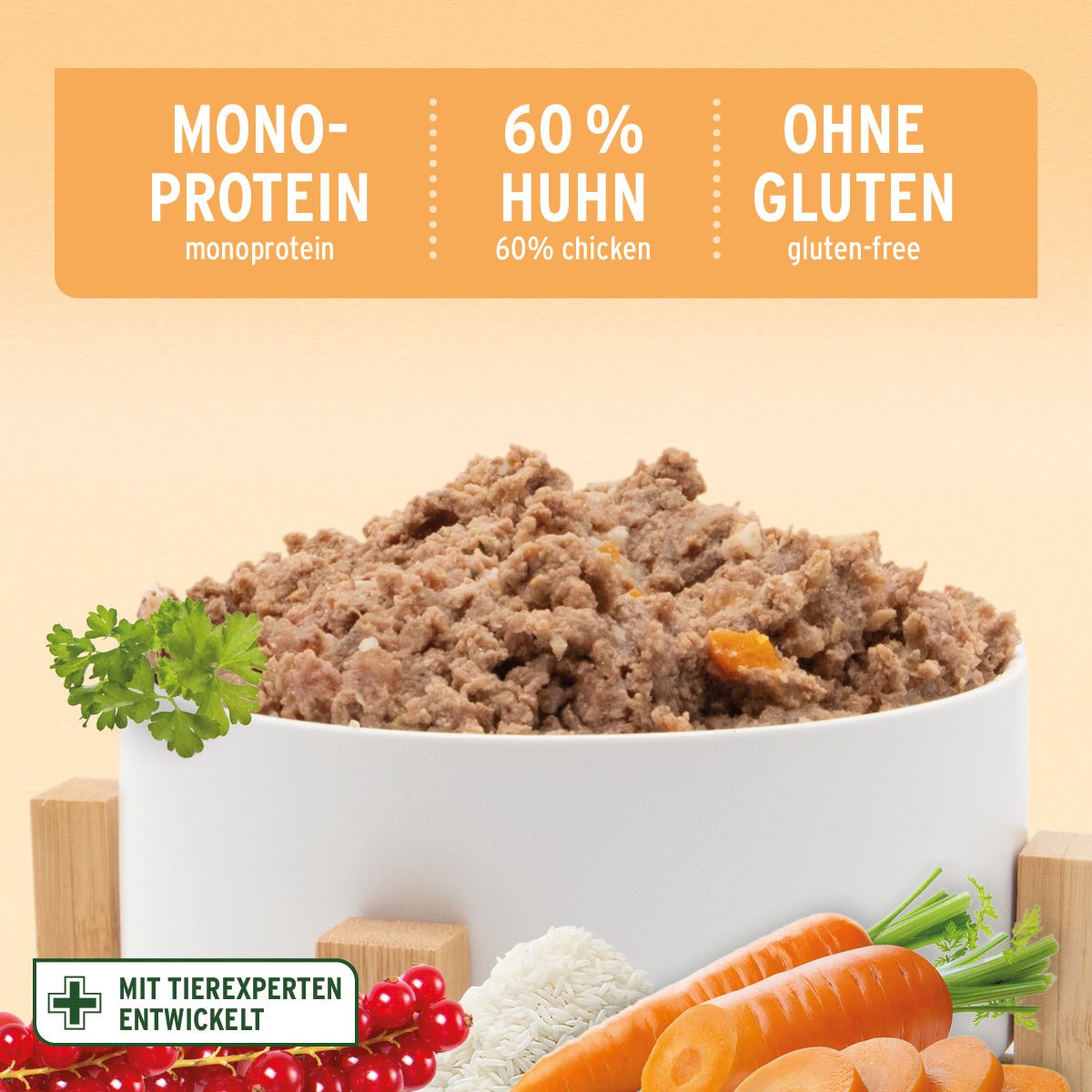 AniForte Nassfutter LandChicken für Hunde mit 60% Huhn, Möhren, glutenfrei und monoprotein, natürlich und ausgewogen