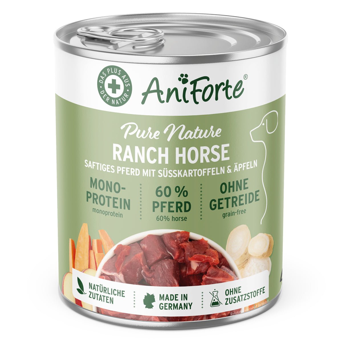 AniForte® Nassfutter RanchHorse mit 60% Pferdefleisch, Süßkartoffeln und Äpfeln, getreidefrei, natürliche Zutaten, made in Germany.