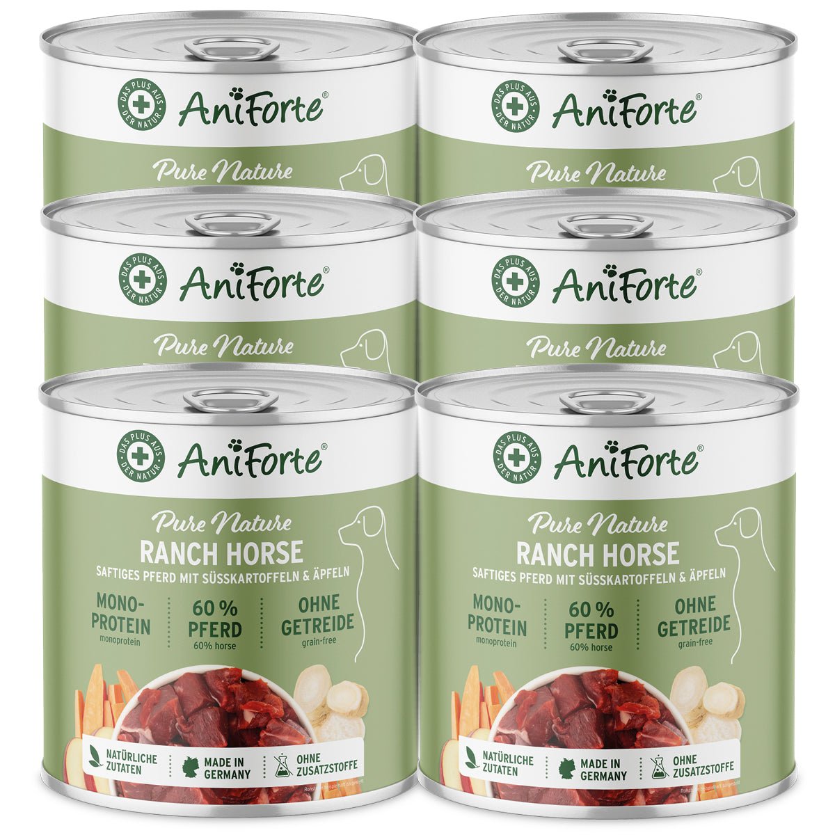 AniForte PureNature Nassfutter für Hunde mit 60% Pferdefleisch, Süßkartoffeln und Äpfeln, getreidefrei, ohne Zusatzstoffe, Made in Germany, 6 Dosen